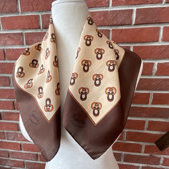 •Gucci Vintage Silk Signature Brand Logo Horseshoe Brown Beige Scarf 22”… - Picture 1 of 11